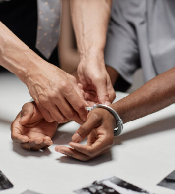 Close up of police officer putting handcuffs on suspect during investigation, copy space